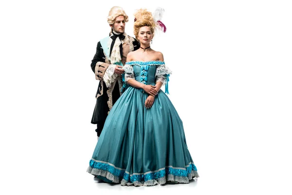 Handsome Man Wig Standing Attractive Victorian Woman Blue Dress Isolated — Stock Photo, Image