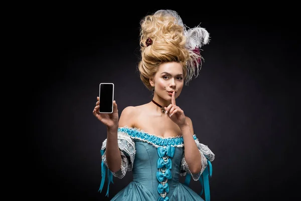 Young Victorian Woman Blue Dress Holding Smartphone Blank Screen Showing — Stock Photo, Image