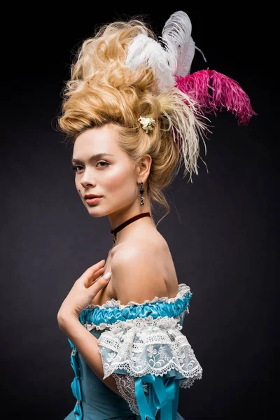 Elegant Attractive Victorian Woman Feathers Wig Black — Stock Photo, Image