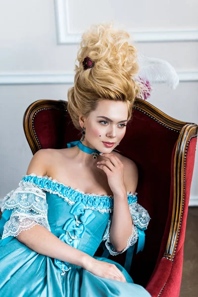 Young Victorian Woman Blue Dress Sitting Antique Chair — Stock Photo, Image