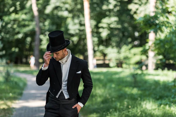 Handsome Young Victorian Man Touching Hat Standing Hand Pocket — Stock Photo, Image