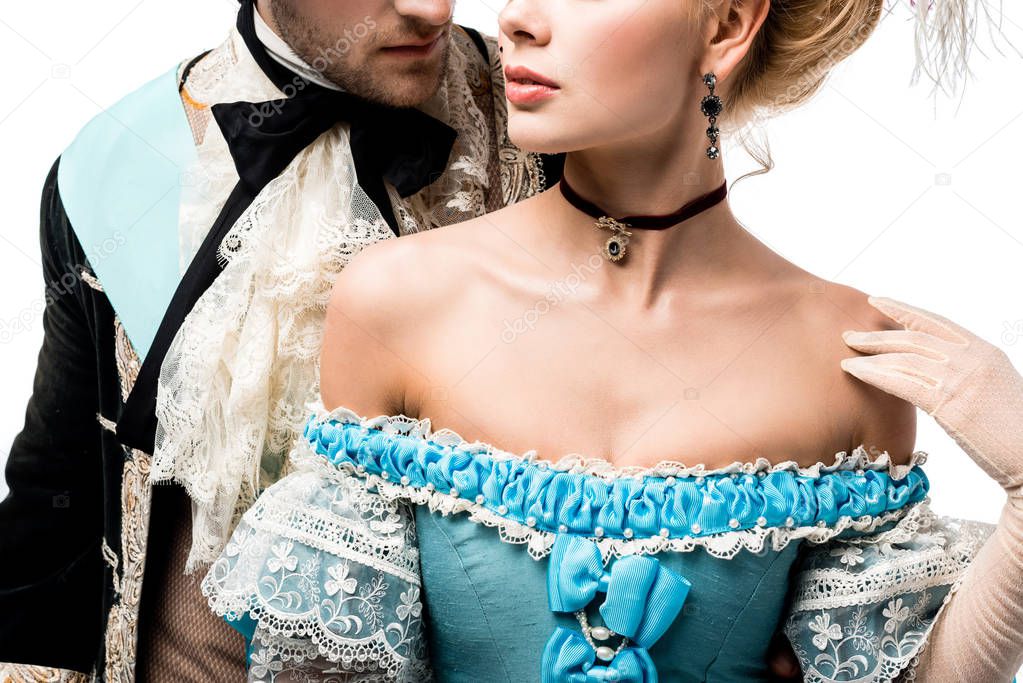 cropped view of pompous victorian man near young woman in blue dress isolated on white  