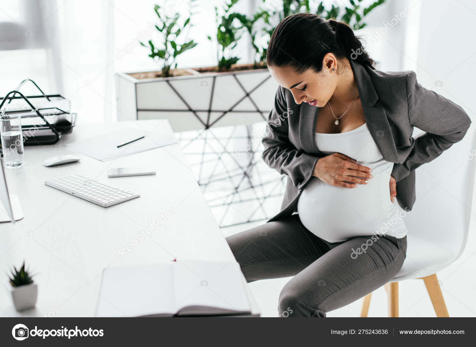 Pregnant Woman Sitting Chair Table Office Holding Belly Hands Enduring  Stock Photo by ©HayDmitriy 275243636