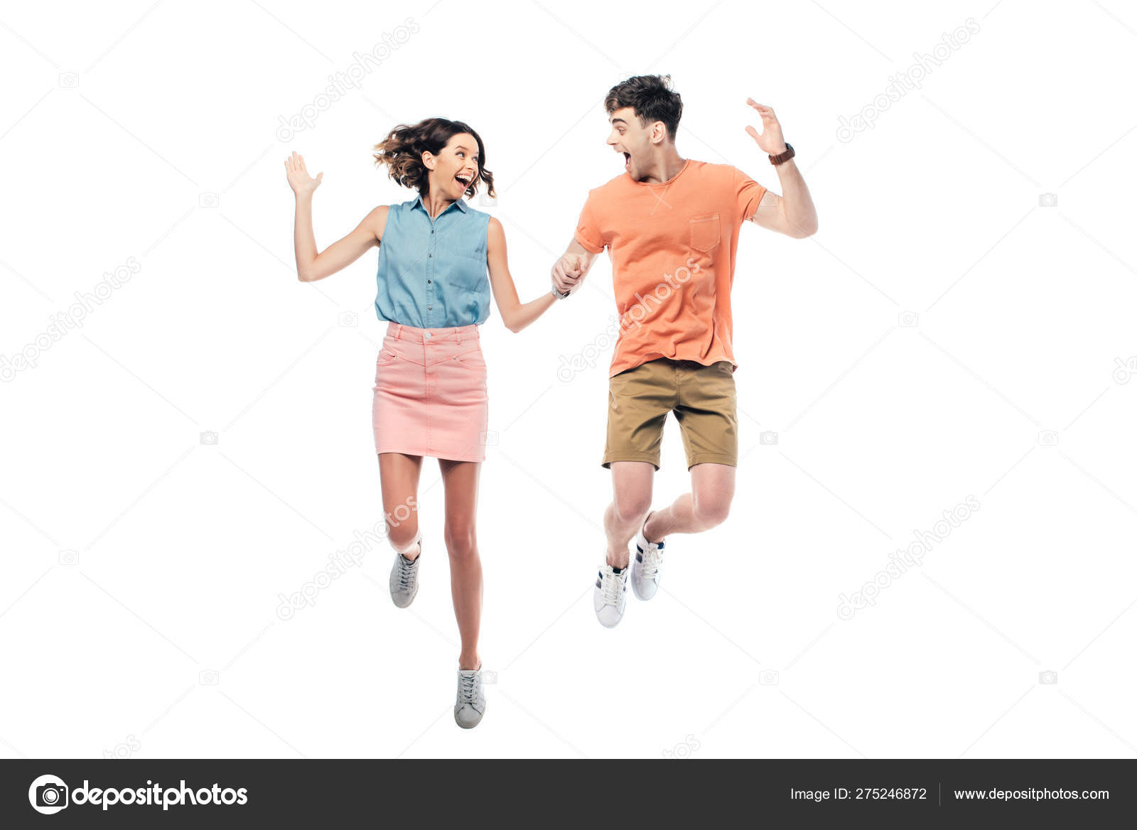 Excited Man Woman Jumping While Looking Each Other Isolated White ...
