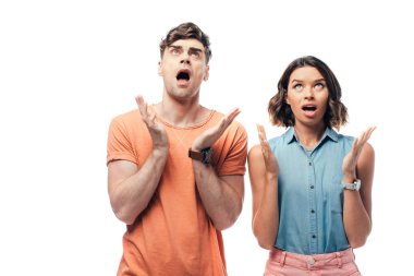 hayal kırıklığına uğramış erkek ve kadın yukarı bakıyor ve beyaz izole gesturing