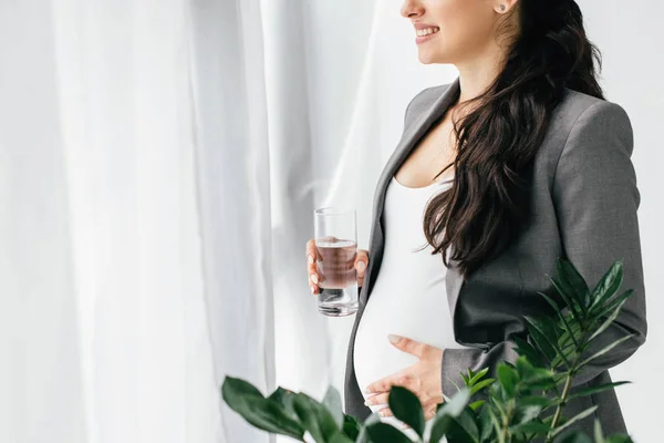 Vue Recadrée Femme Enceinte Tenant Verre Avec Eau Tout Tenant — Photo