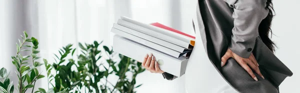 Panoramic Shot Pregnant Woman Holding Back While Standing Many Folders — Stock Photo, Image