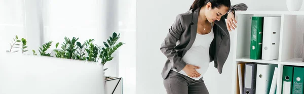 Plano Panorámico Mujer Embarazada Apoyada Estantería Con Carpetas Oficina —  Fotos de Stock