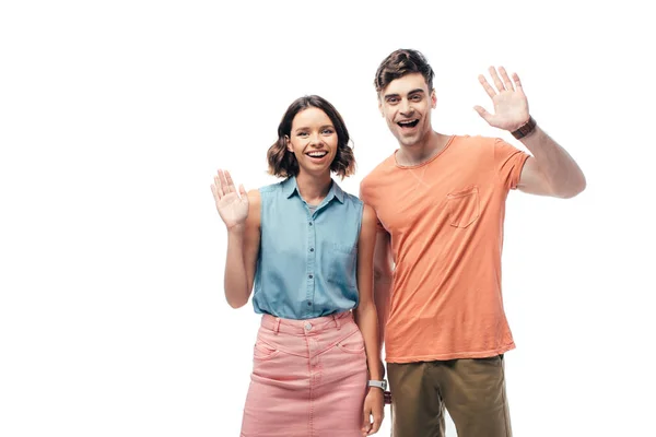 Young Cheerful Man Woman Waving Hands While Smiling Camera Isolated — Stock Photo, Image