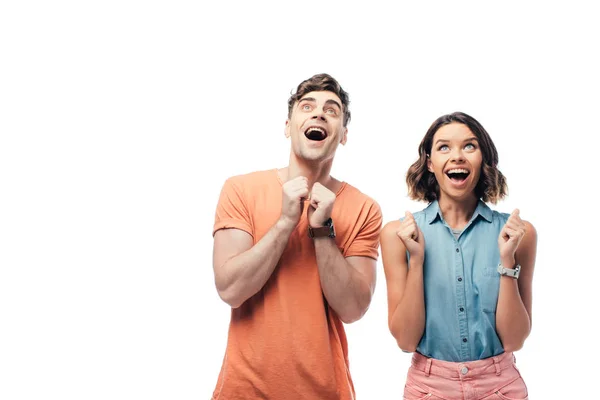 Cheerful Man Woman Looking Showing Please Gestures Isolated White — Stock Photo, Image