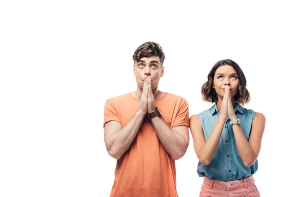 Hoping Man Woman Looking Showing Pray Gestures Isolated White — Stock Photo, Image