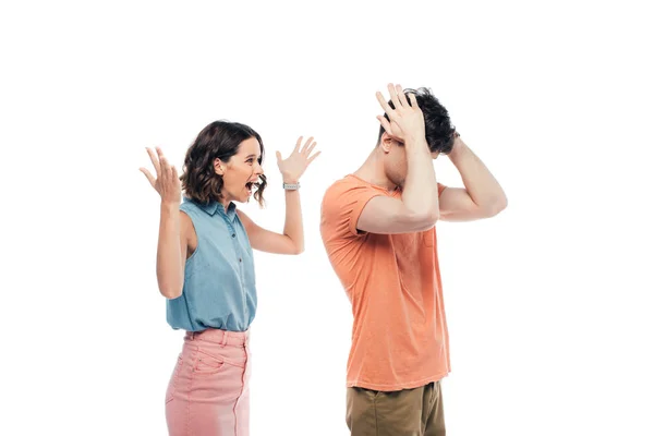 Angry Young Woman Gesturing While Quarreling Offended Boyfriend Isolated White — Stock Photo, Image