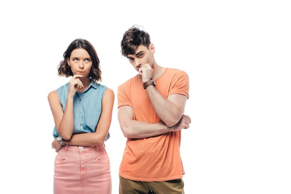 Upset Man Woman Standing Camera Holding Hands Faces White Background — Stock Photo, Image