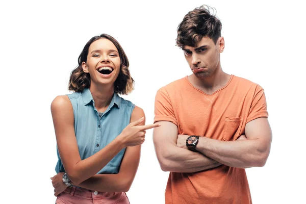 Cheerful Young Woman Pointing Finger Offended Young Man Isolated White — Stock Photo, Image