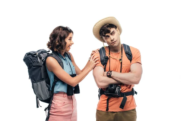 Cheerful Young Woman Touching Shoulder Thoughtful Boyfriend Isolated White — Stock Photo, Image