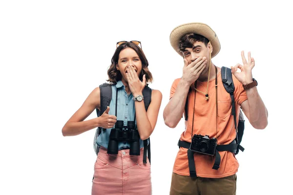 Two Cheerful Tourists Showing Thumb Sign While Looking Camera Isolated — Stock Photo, Image