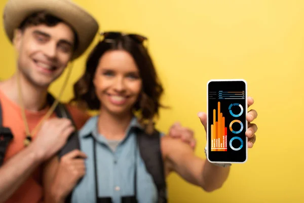 Selective Focus Cheerful Young Woman Standing Smiling Boyfriend Showing Smartphone — Stock Photo, Image