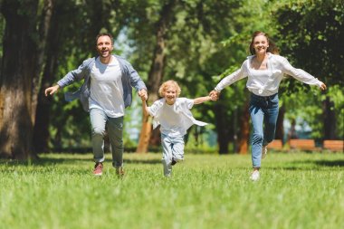 gülümseyen aile el ele tutuşuyor ve gündüz parkta koşuyor