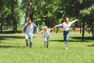 heyecanlı aile el ele tutuşuyor ve gündüz parkta koşuyor