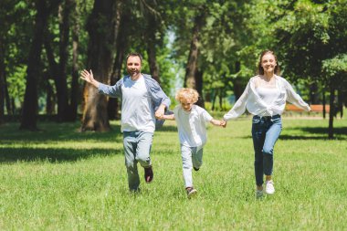 mutlu aile el ele tutuşarak ve gündüz parkta çalışan