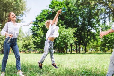 anne, baba ve oğlu parkta sabun kabarcıkları ile oynarken