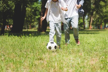 parkta futbol topu ile futbol oynayan baba ve oğul kırpılmış görünümü