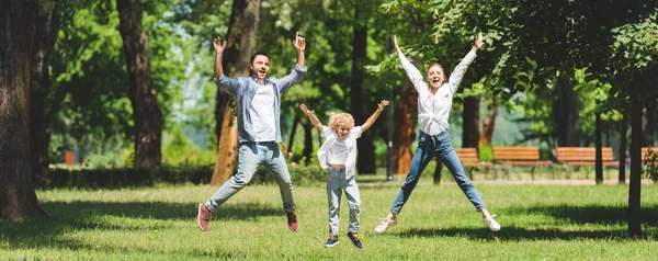 昼間に公園で上げられた手でジャンプする幸せな家族のパノラマショット — ストック写真