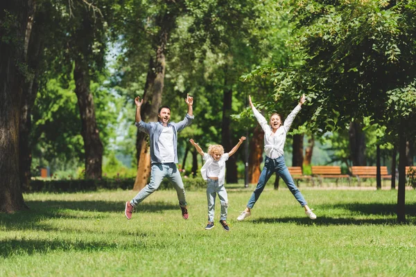 Lycklig Familj Hoppar Med Upphöjda Händer Parken Dagtid — Stockfoto