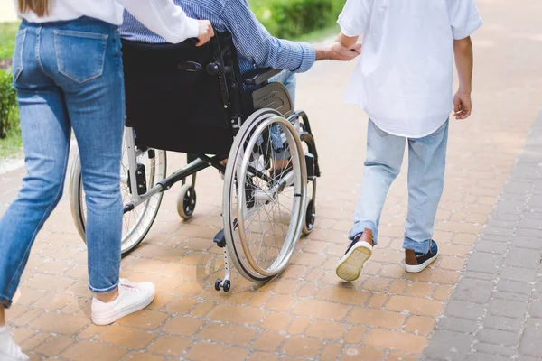 Vista Parcial Madre Hijo Con Padre Discapacitado Silla Ruedas Parque — Foto de Stock