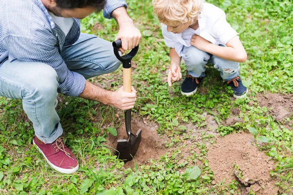公園に苗を植えるために息子の近くにシャベルで地面を掘る父のトリミングビュー — ストック写真
