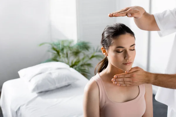 Cropped View Healer Standing Woman Cleaning Her Aura — Stock Photo, Image