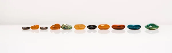 Panoramic Shot Colorful Semiprecious Stones White Surface Isolated Grey — Stock Photo, Image