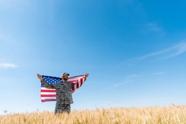 soldier in cap and uniform holding american flag in field with wheat  clipart