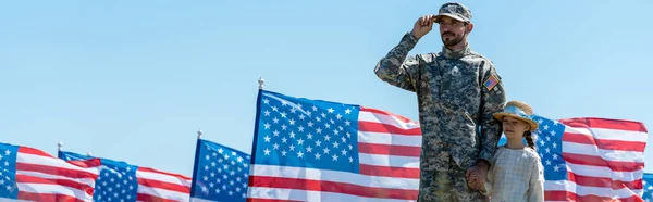 Panoramic Shot Military Man Touching Cap Kid American Flags — Stock Photo, Image