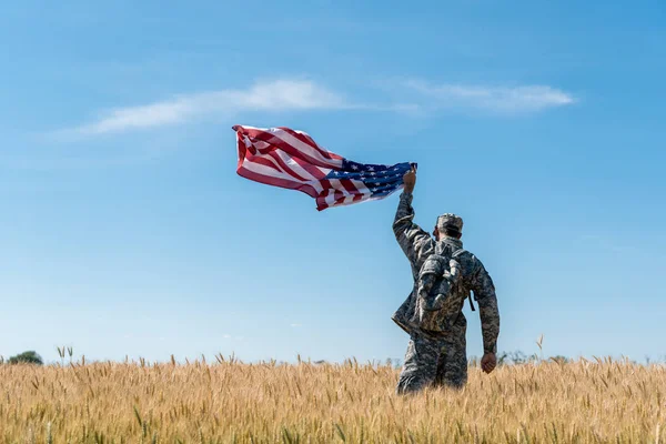 Rückseite Eines Soldaten Militäruniform Der Mit Goldenem Weizen Auf Einem — Stockfoto
