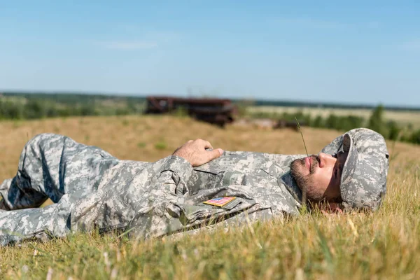 Cheerful Soldier Military Uniform Lying Grass — Stock Photo, Image