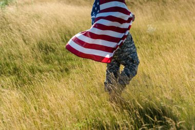 cropped view of soldier in camouflage uniform holding american flag in field  clipart