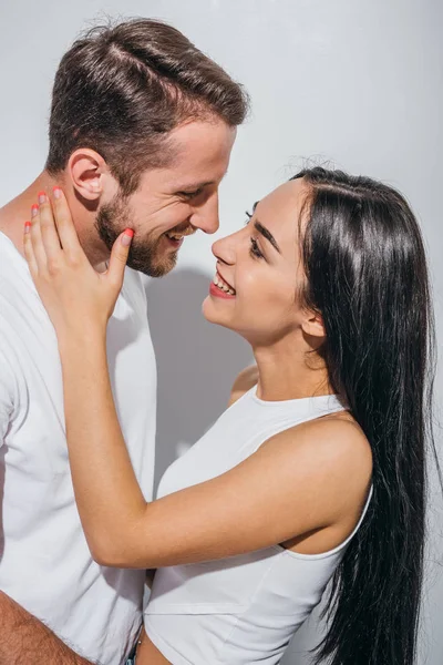 Side View Girl Touching Boyfriend While Looking Each Other — Stock Photo, Image