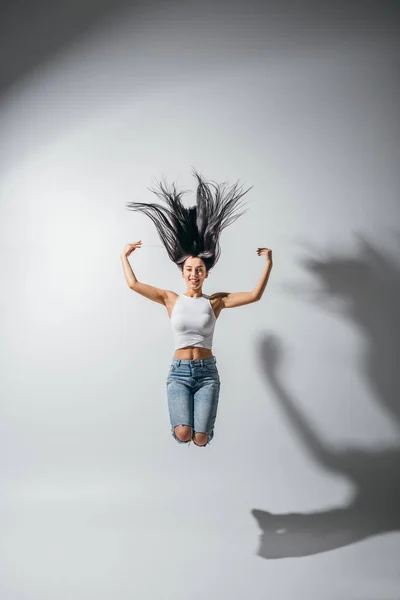 Full Length View Excited Happy Girl Jumping Hands Air — Stock Photo, Image