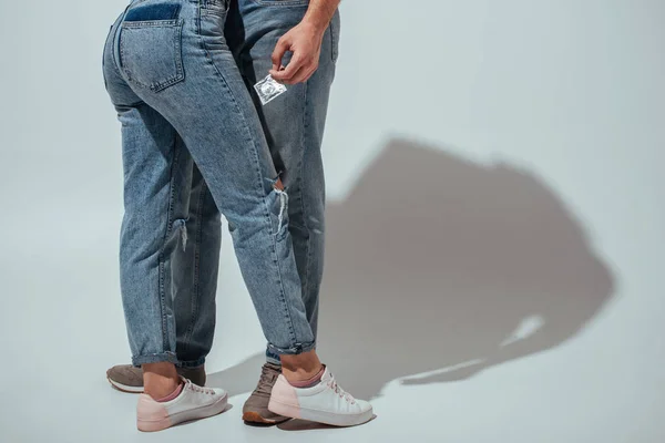 Cropped View Couple Hugging While Man Holding Condom Hand — Stock Photo, Image