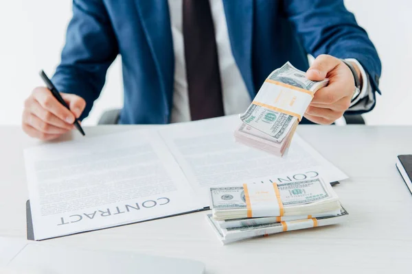 Cropped View Man Holding Money While Signing Contract — Stock Photo, Image