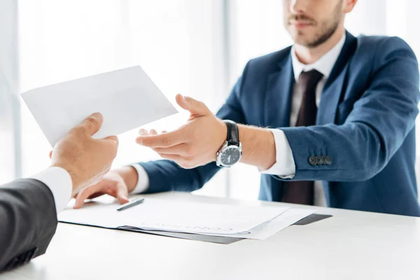 Cropped View Man Giving Envelope Bribe Business Partner Table — Stock Photo, Image