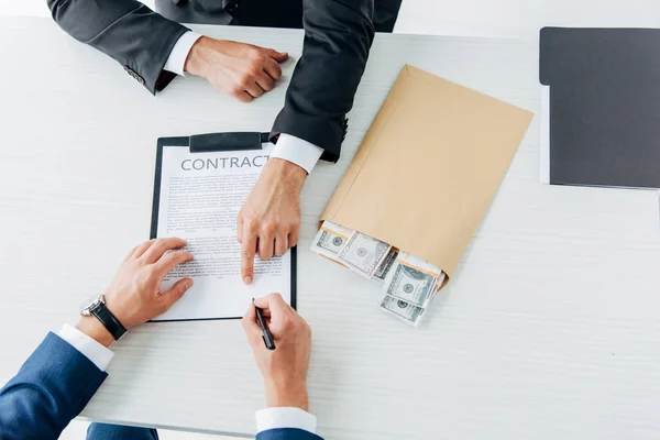 Cropped View Man Pointing Finger Clipboard Contract Business Partner Holding — Stock Photo, Image