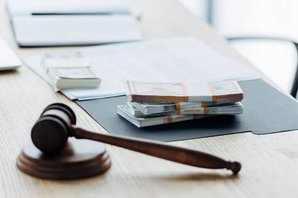 Selective Focus Dollar Banknotes Wooden Table Judge Gavel — Stock Photo, Image