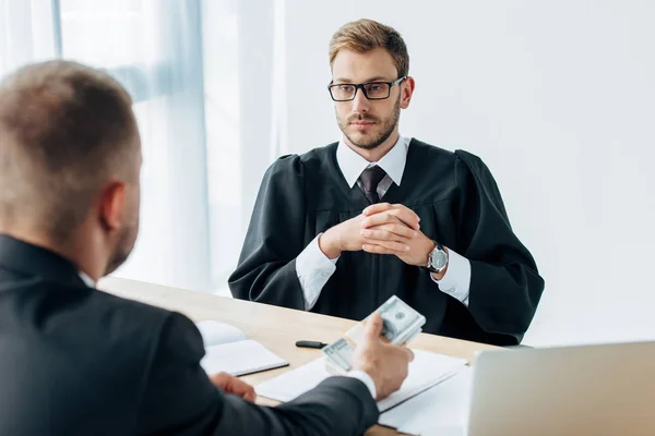 Selective Focus Handsome Judge Glasses Sitting Clenched Hands Looking Man — Stock Photo, Image
