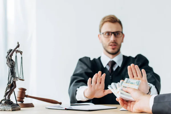 Cropped View Man Giving Money Surprised Judge Glasses Gesturing Office — Stock Photo, Image