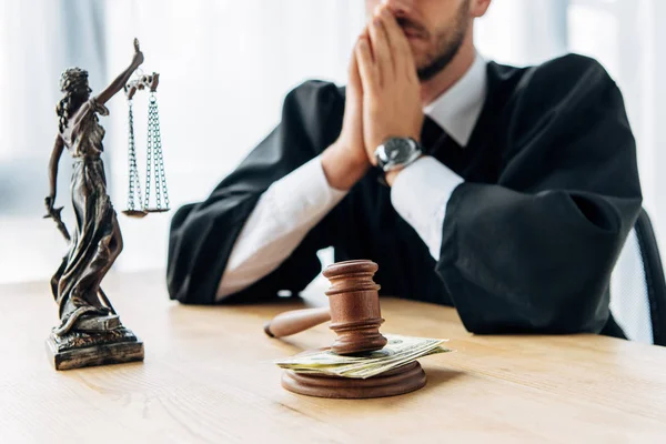 Selective Focus Wooden Gavel Money Judge Covering Face — Stock Photo, Image