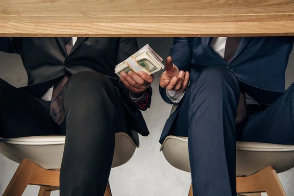 Cropped View Businessman Giving Bribe Business Partner While Sitting Chair — Stock Photo, Image