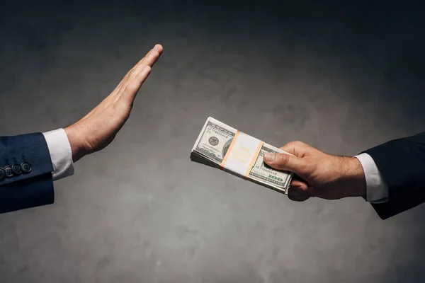 Cropped View Man Giving Bribe Business Partner Gesturing Grey — Stock Photo, Image