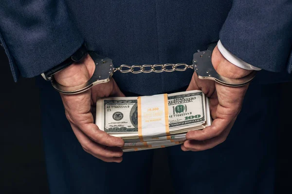 Close Handcuffed Man Formal Wear Holding Bribe Grey — Stock Photo, Image